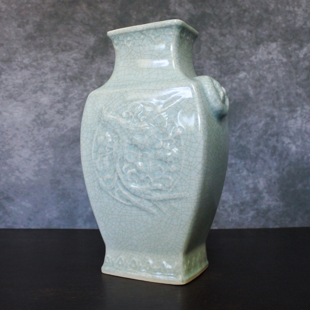 Vintage Chinese Phoenix Dragon Celadon Glaze Ceramic Vase
